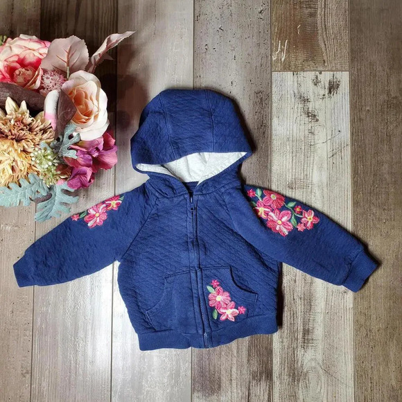 Blue and Pink Floral Embroidered Baby Girls Zip Up Jacket Size 12m NWOT - Picture 1 of 14